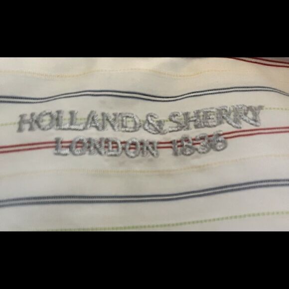 Men's Custom L/S Dress Shirt by Holland & Sherry of London White w/Vert Stripes - Picture 11 of 11